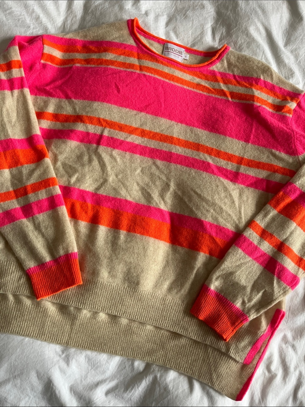 Brodie Cashmere crewneck sweater cream white neon pink orange stripes unique